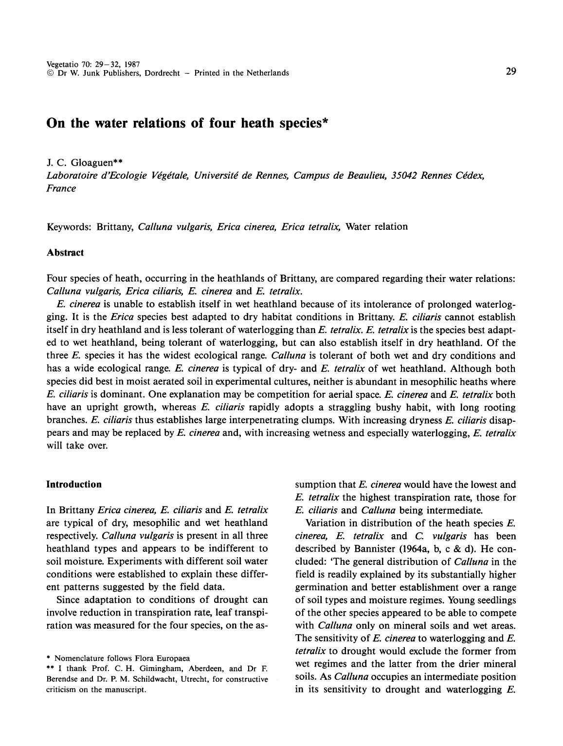 On the water relations of four heath species by Unknown