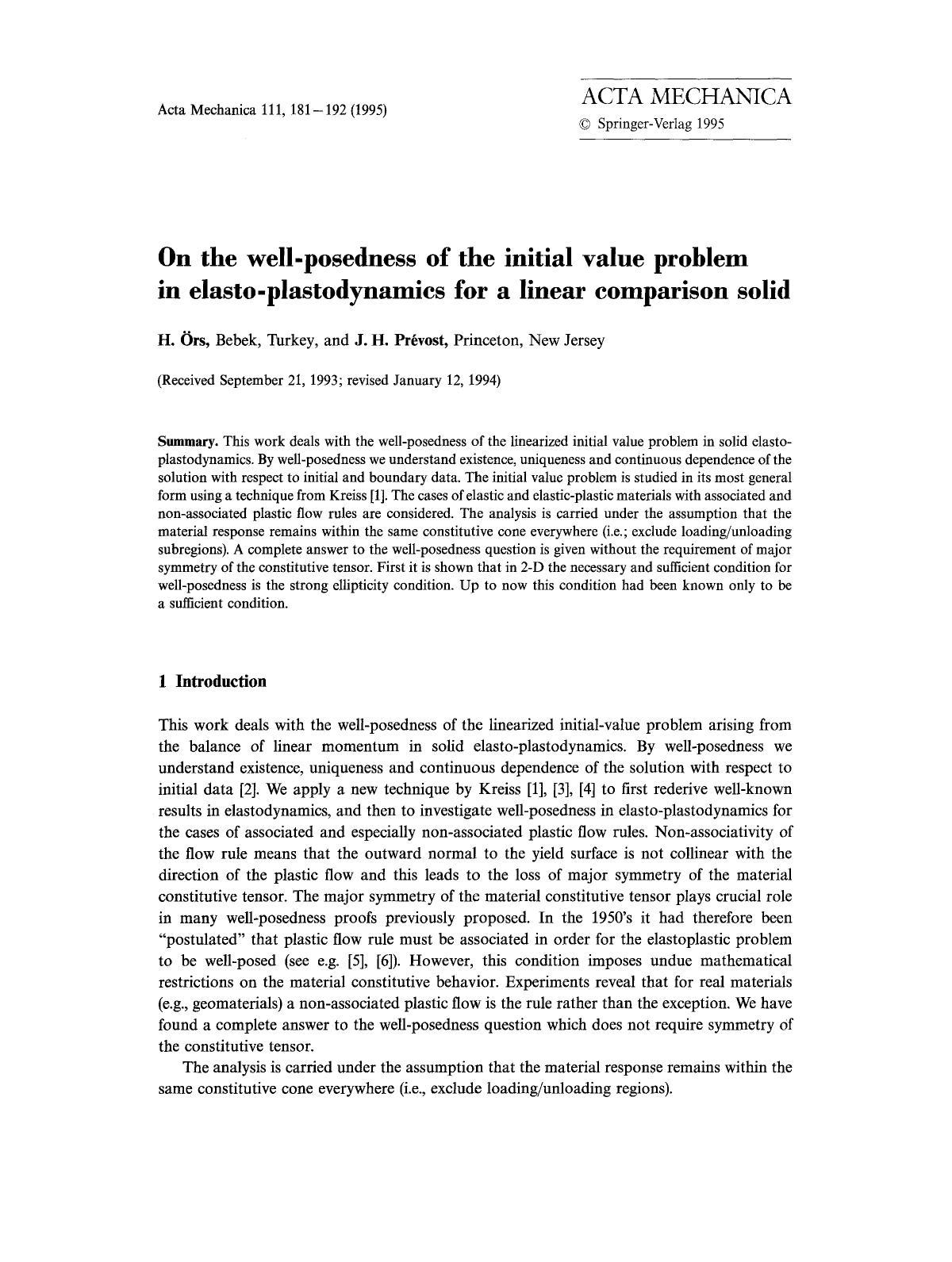 On the well-posedness of the initial value problem in elasto-plastodynamics for a linear comparison solid by Unknown