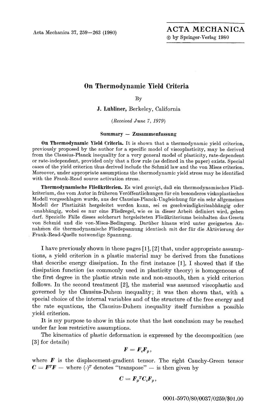 On thermodynamic yield criteria by Unknown