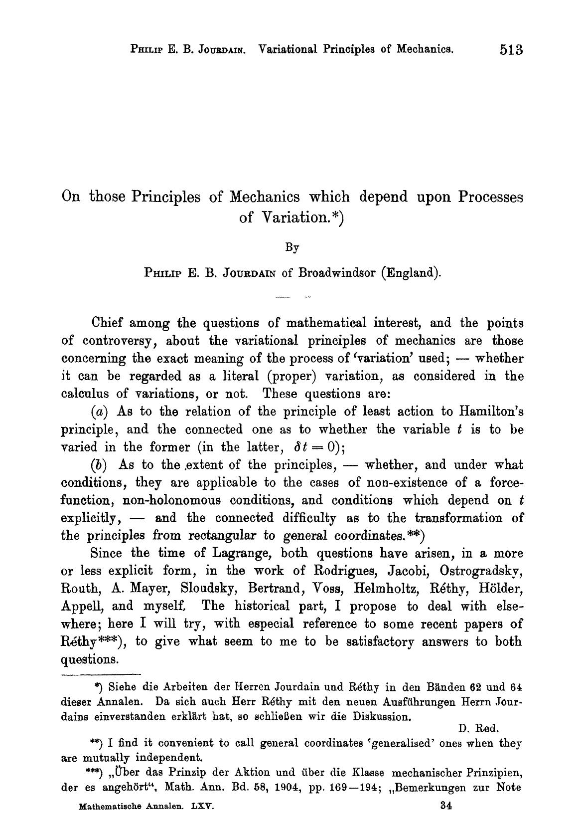 On those principles of mechanics which depend upon processes of variation by Unknown