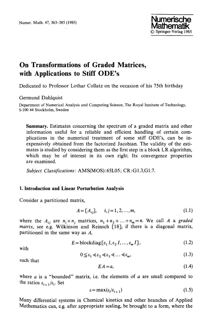 On transformations of graded matrices, with applications to stiff ODE's by Unknown