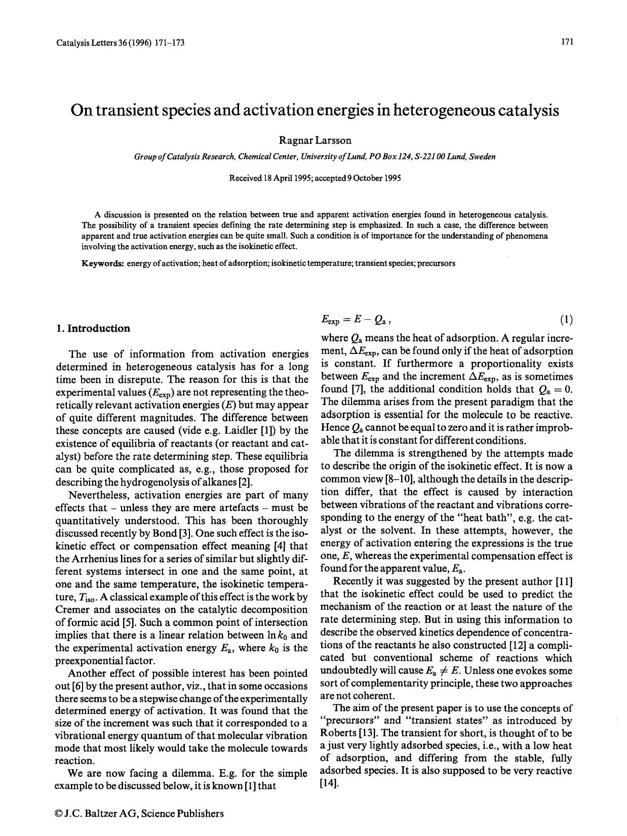 On transient species and activation energies in heterogeneous catalysis by Unknown
