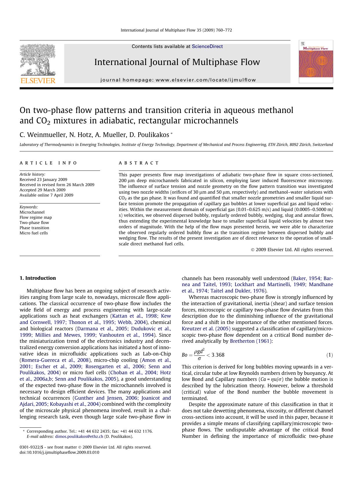 On two-phase flow patterns and transition criteria in aqueous methanol and CO2 mixtures in adiabatic, rectangular microchannels by C. Weinmueller; N. Hotz; A. Mueller; D. Poulikakos
