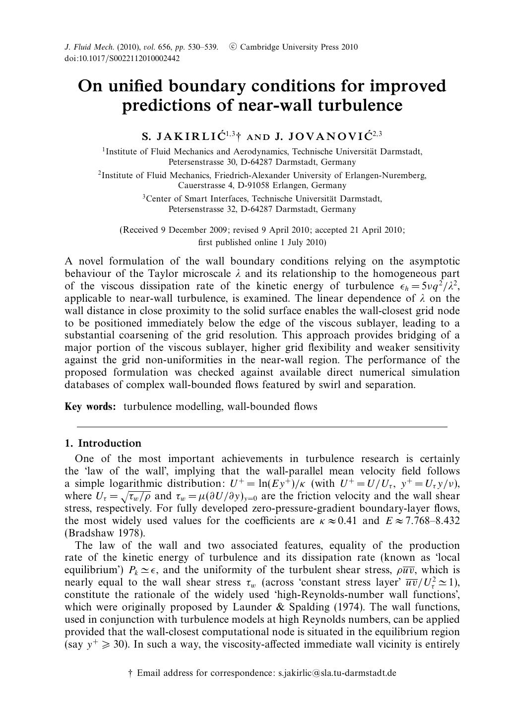 On unified boundary conditions for improved predictions of near-wall turbulence by S. JAKIRLIĆ J. JOVANOVIĆ