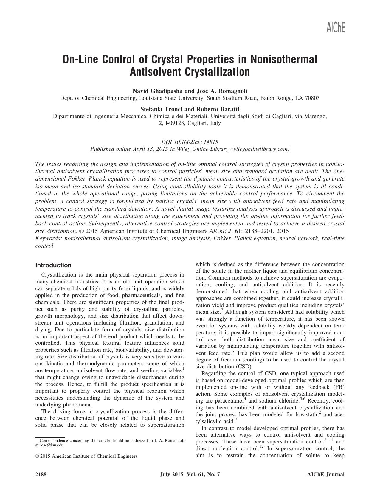 On&#8208;line control of crystal properties in nonisothermal antisolvent crystallization by Unknown