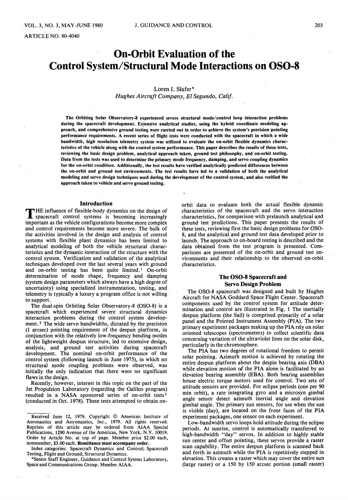 On-Orbit Evaluation of the Control System Structural Mode Interactions on OSO-8 by Unknown