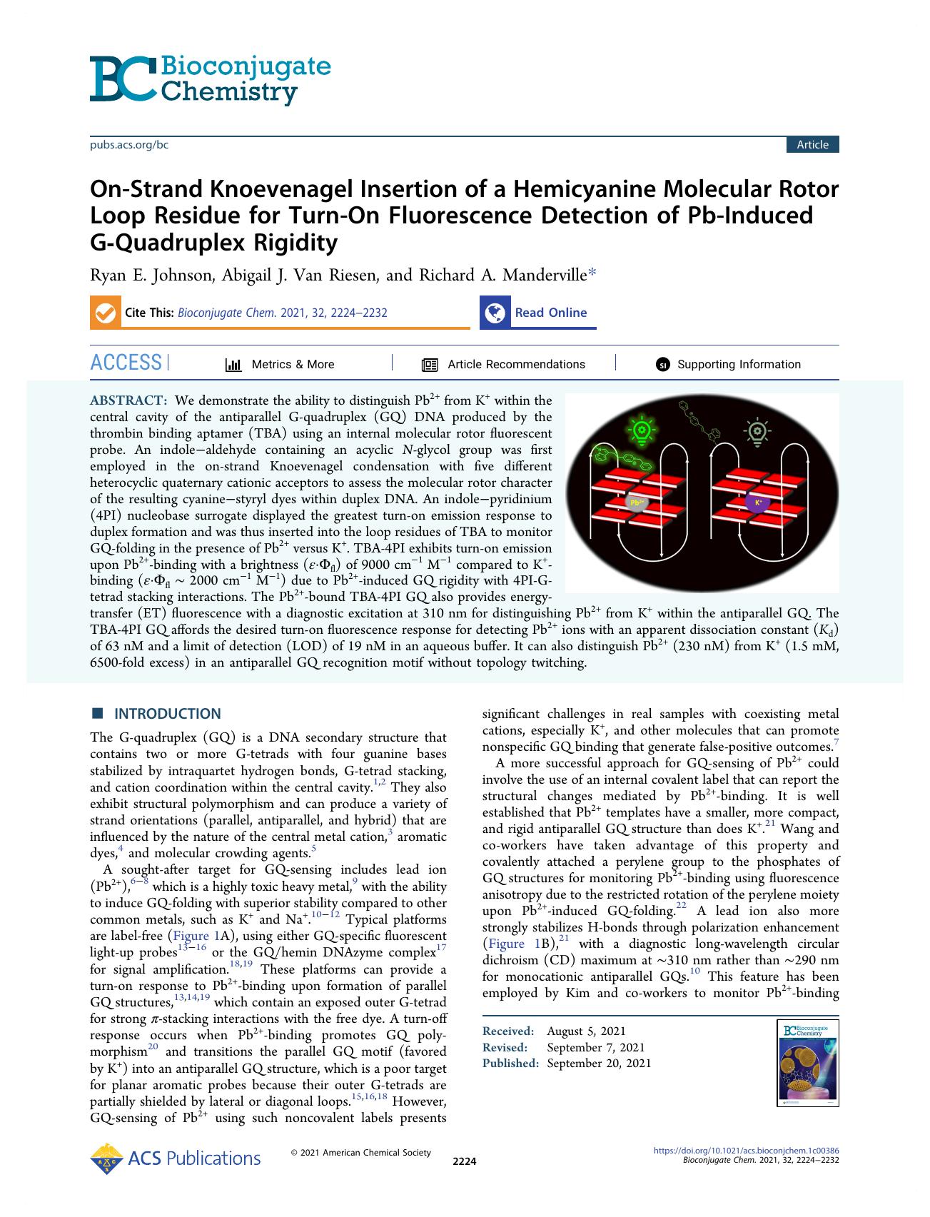 On-Strand Knoevenagel Insertion of a Hemicyanine Molecular Rotor Loop Residue for Turn-On Fluorescence Detection of Pb-Induced G-Quadruplex Rigidity by Ryan E. Johnson Abigail J. Van Riesen and Richard A. Manderville