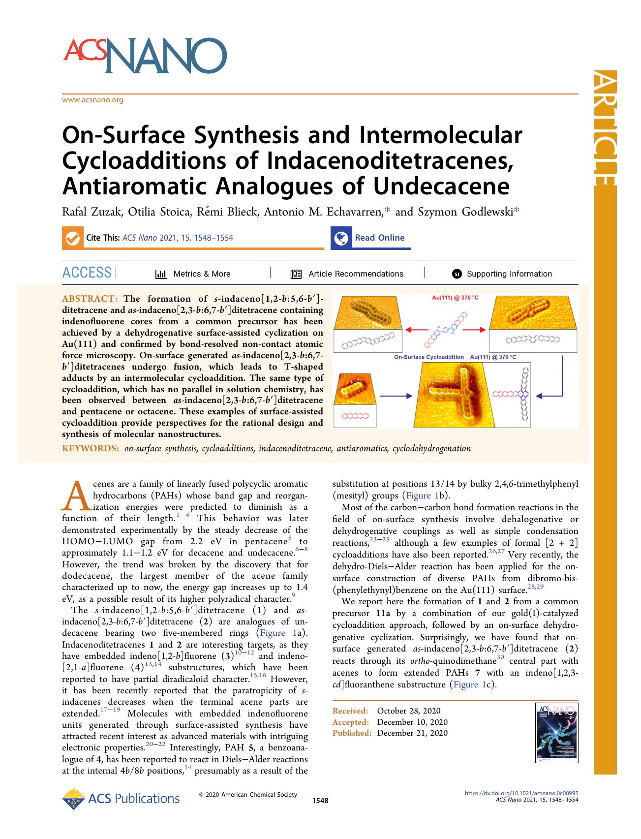 On-Surface Synthesis and Intermolecular Cycloadditions of Indacenoditetracenes, Antiaromatic Analogues of Undecacene by Rafal Zuzak Otilia Stoica Rémi Blieck Antonio M. Echavarren and Szymon Godlewski