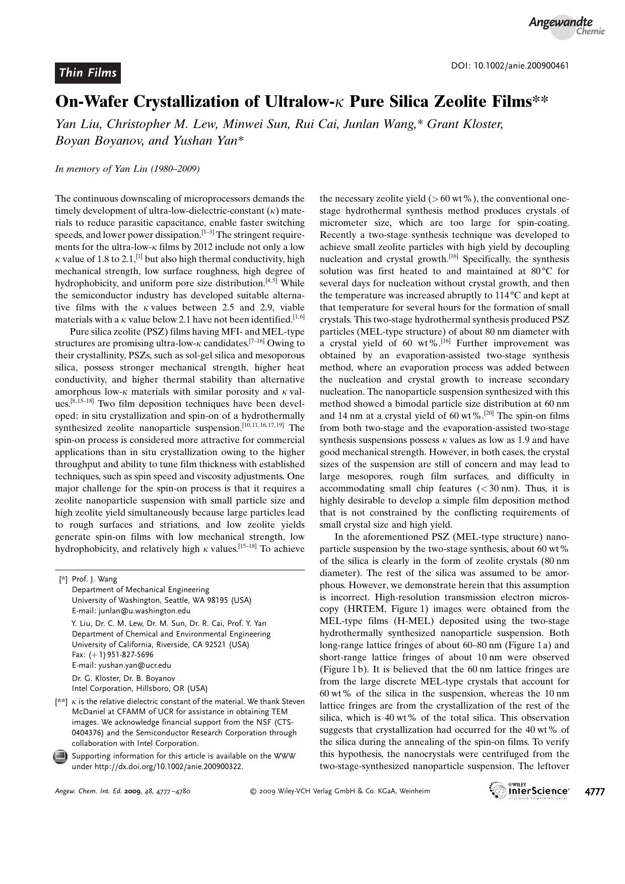 On-Wafer Crystallization of Ultralow-[kappa] Pure Silica Zeolite Films by Unknown