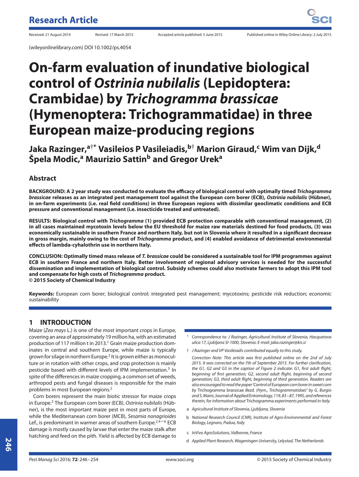 On-farm evaluation of inundative biological control of Ostrinia nubilalis (Lepidoptera: Crambidae) by Trichogramma brassicae (Hymenoptera: Trichogrammatidae) in three European maize-producing regions by Unknown