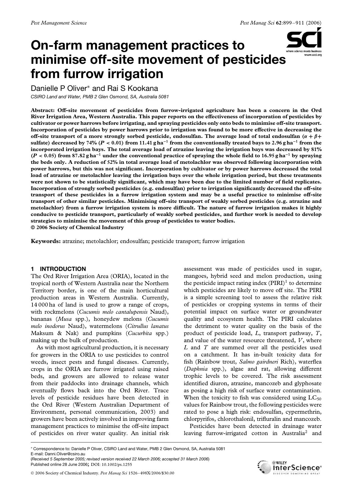 On-farm management practices to minimise off-site movement of pesticides from furrow irrigation by Unknown