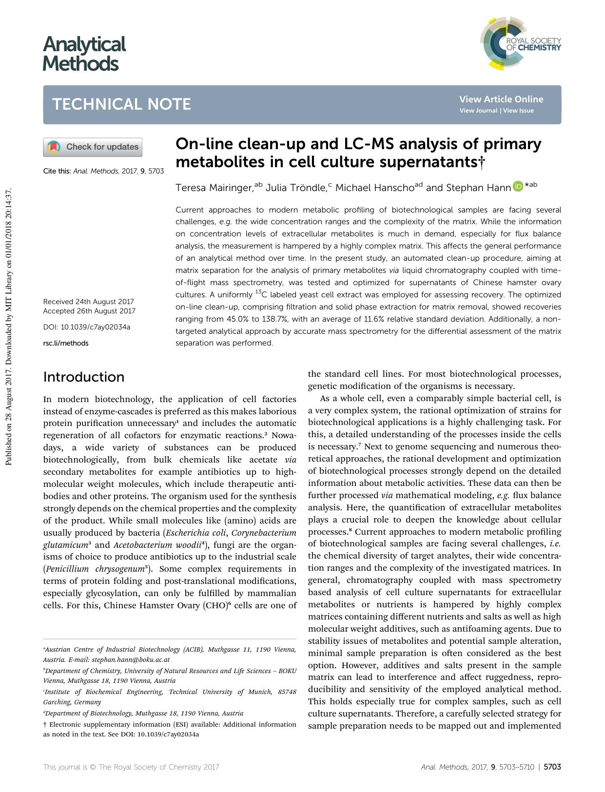 On-line clean-up and LC-MS analysis of primary metabolites in cell culture supernatants by Teresa Mairinger & Julia Tröndle & Michael Hanscho & Stephan Hann