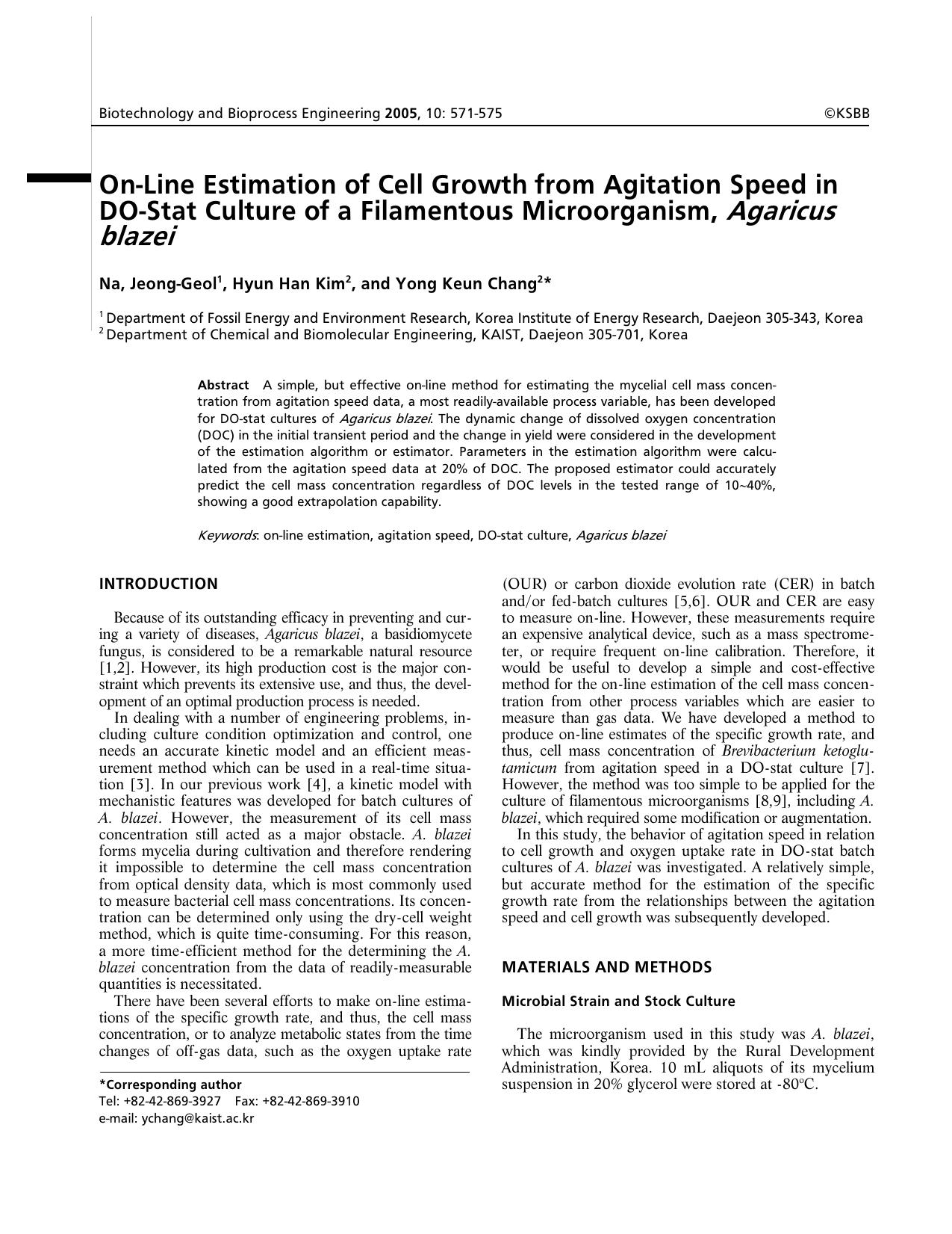 On-line estimation of cell growth from agitation speed in DO-stat culture of a filamentous microorganism, <Emphasis Type="Italic">Agaricus blazei <Emphasis> by Unknown