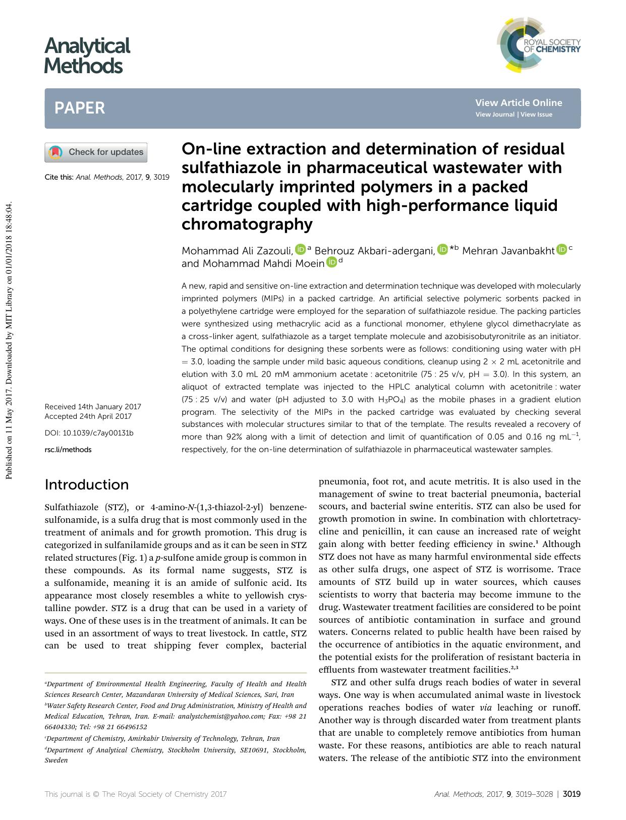 On-line extraction and determination of residual sulfathiazole in pharmaceutical wastewater with molecularly imprinted polymers in a packed cartridge coupled with high-performance by Mohammad Ali Zazouli & Behrouz Akbari-adergani & Mehran Javanbakht & Mohammad Mahdi Moein