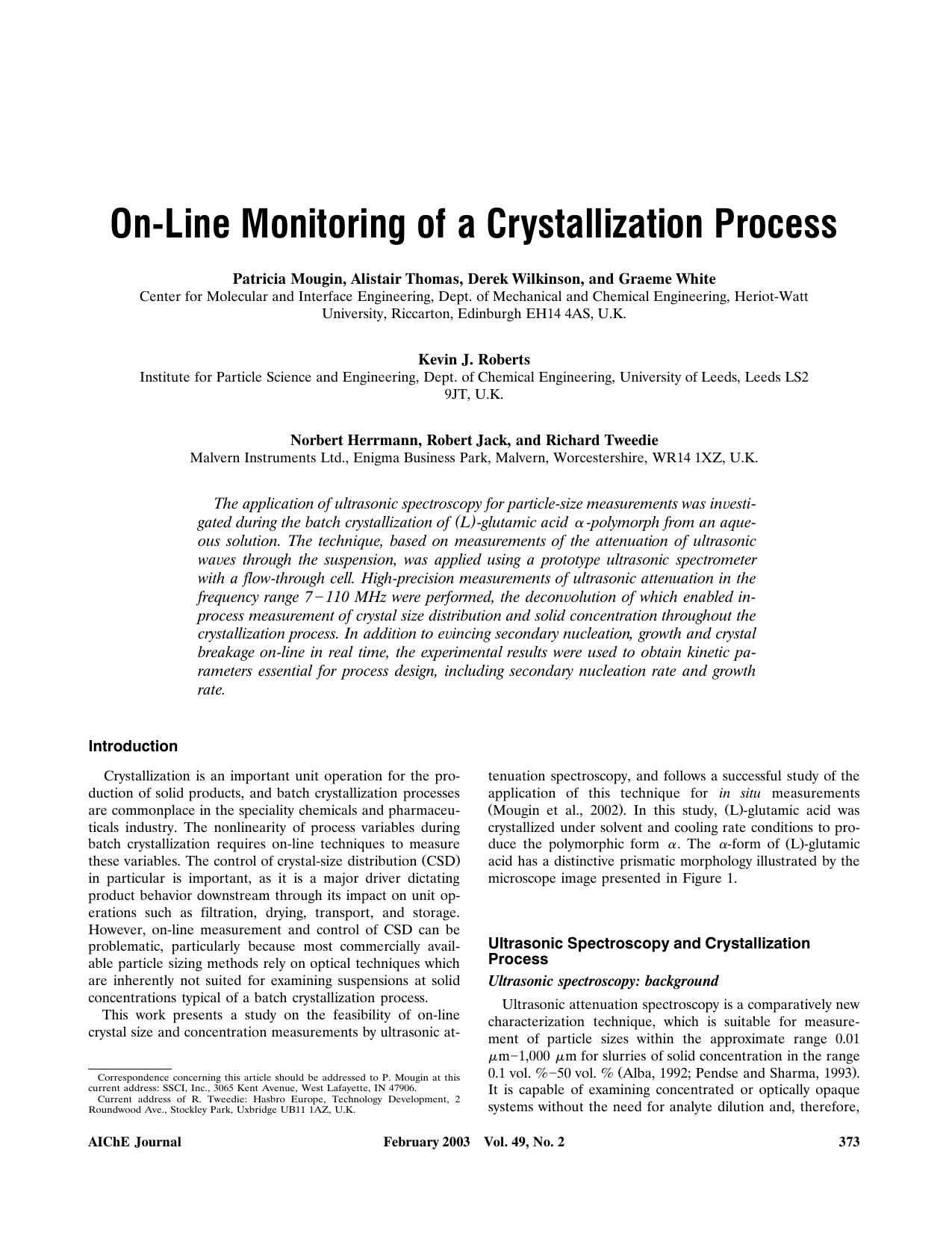 On-line monitoring of a crystallization process by ?