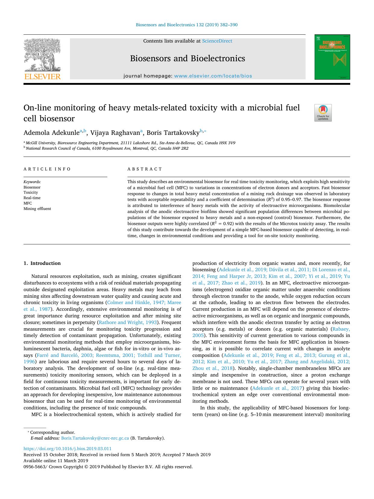 On-line monitoring of heavy metals-related toxicity with a microbial fuel cell biosensor by Ademola Adekunle & Vijaya Raghavan & Boris Tartakovsky