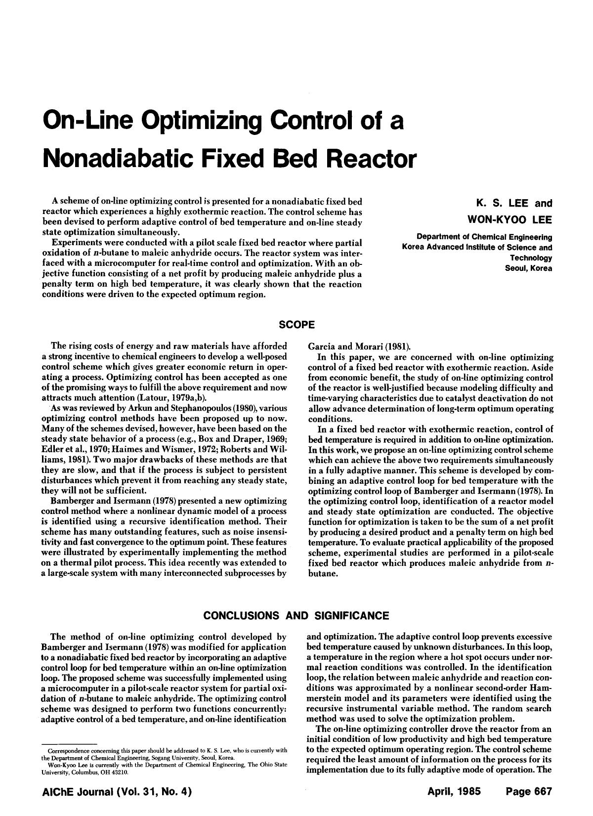 On-line optimizing control of a nonadiabatic fixed bed reactor by Unknown