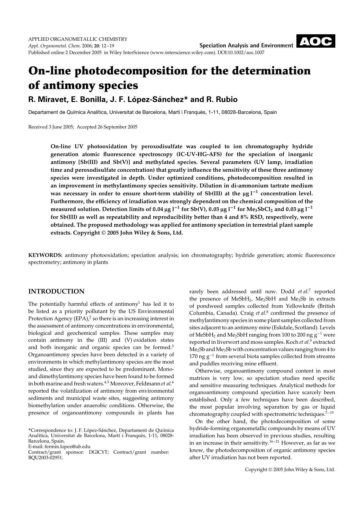 On-line photodecomposition for the determination of antimony species by Unknown