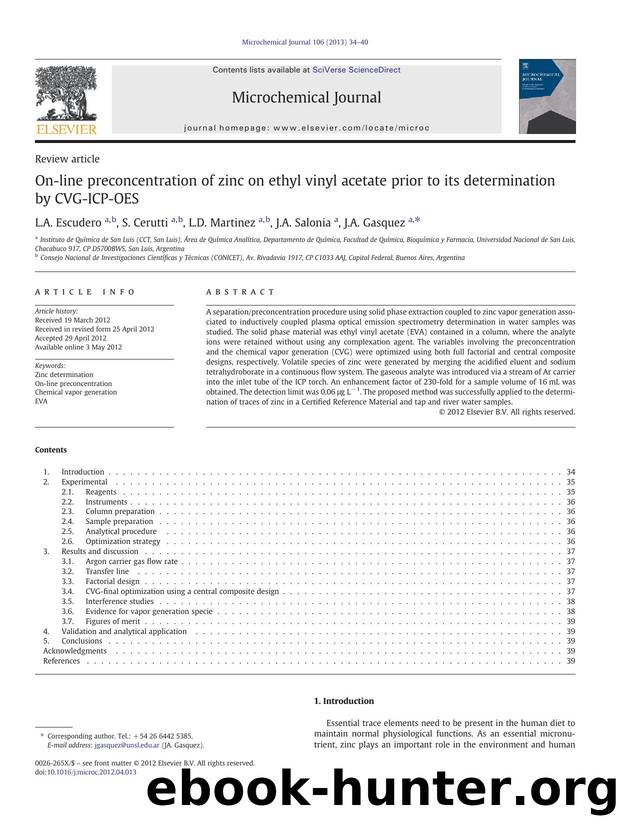 On-line preconcentration of zinc on ethyl vinyl acetate prior to its determination by CVG-ICP-OES by L.A. Escudero & S. Cerutti & L.D. Martinez & J.A. Salonia & J.A. Gasquez