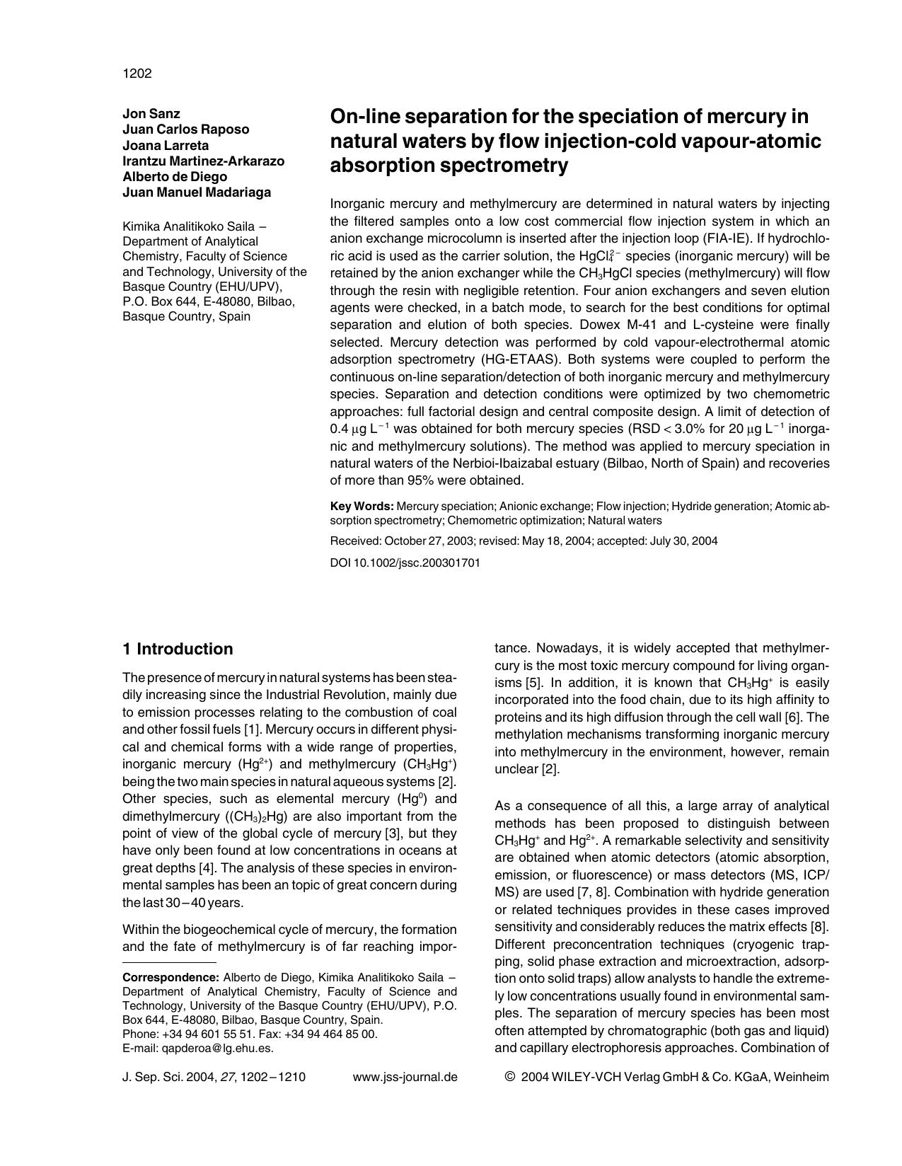 On-line separation for the speciation of mercury in natural waters by flow injection-cold vapour-atomic absorption spectrometry by Unknown