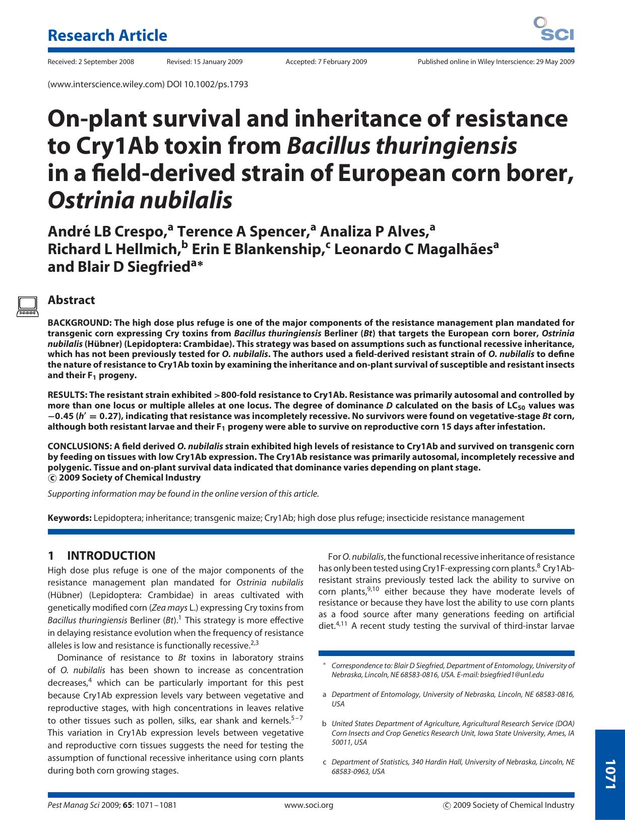 On-plant survival and inheritance of resistance to Cry1Ab toxin from Bacillus thuringiensis in a field-derived strain of European corn borer, Ostrinia nubilalis by Unknown