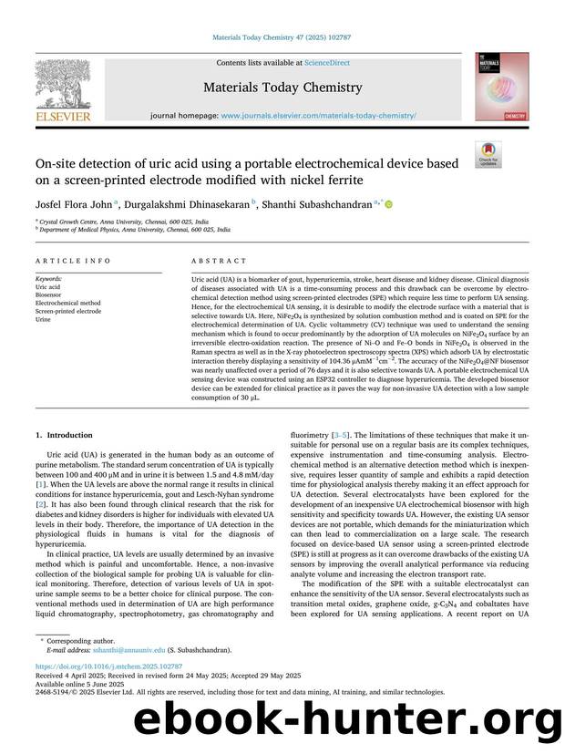 On-site detection of uric acid using a portable electrochemical device based on a screen-printed electrode modified with nickel ferrite by Josfel Flora John