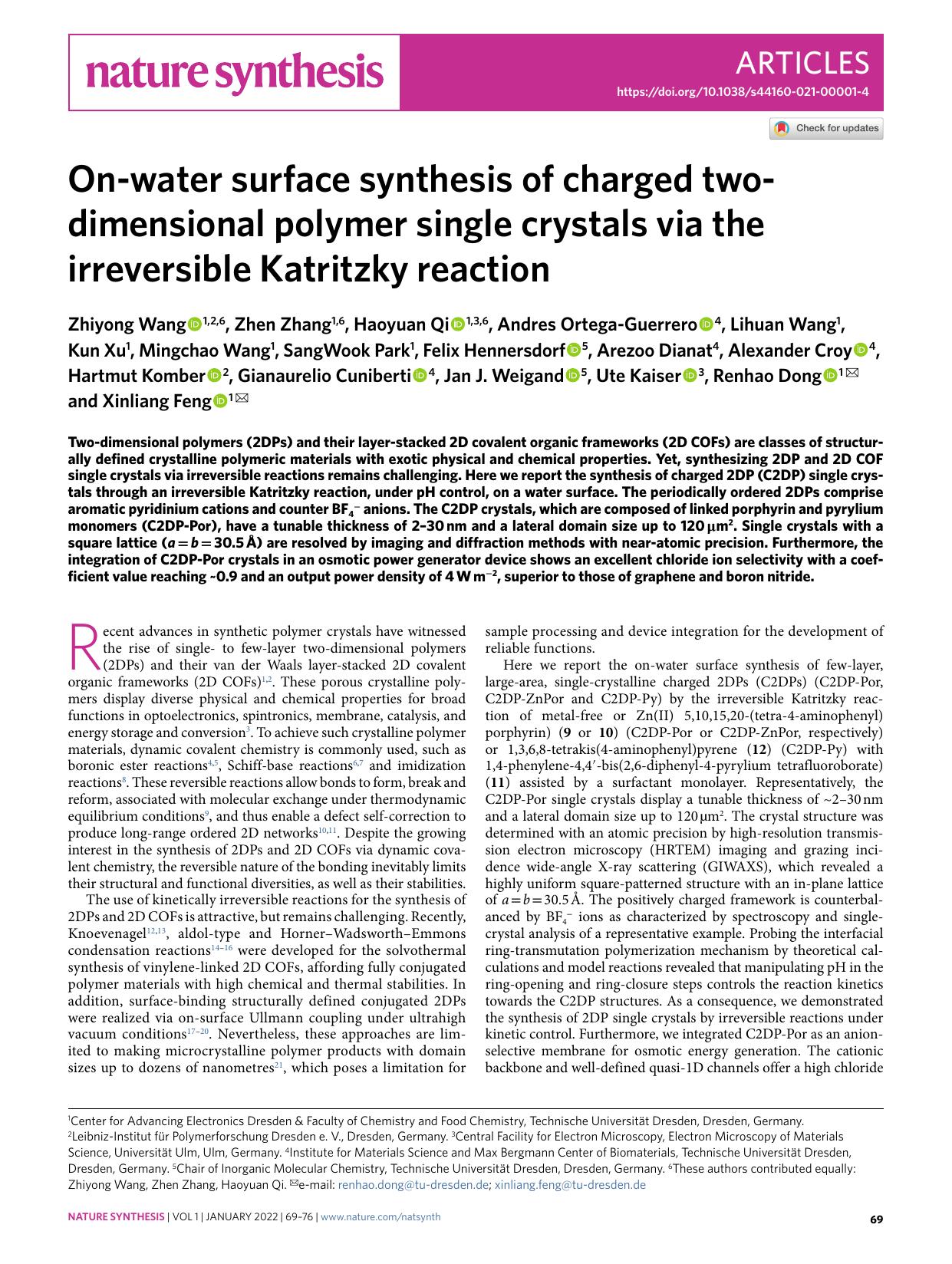 On-water surface synthesis of charged two-dimensional polymer single crystals via the irreversible Katritzky reaction by unknow