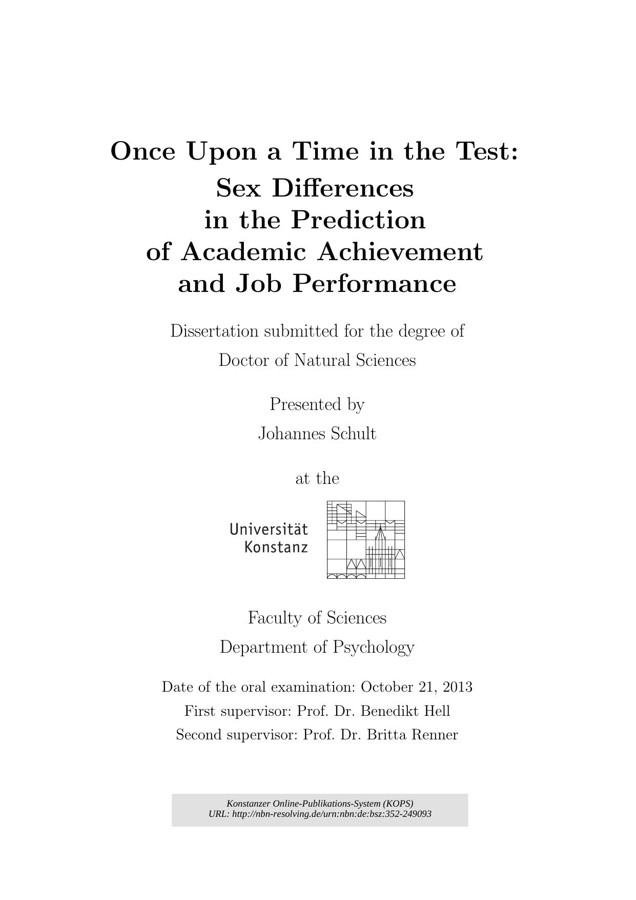 Once Upon a Time in the Test : Sex Differences in the Prediction of Academic Achievement and Job Performance by Johannes Schult