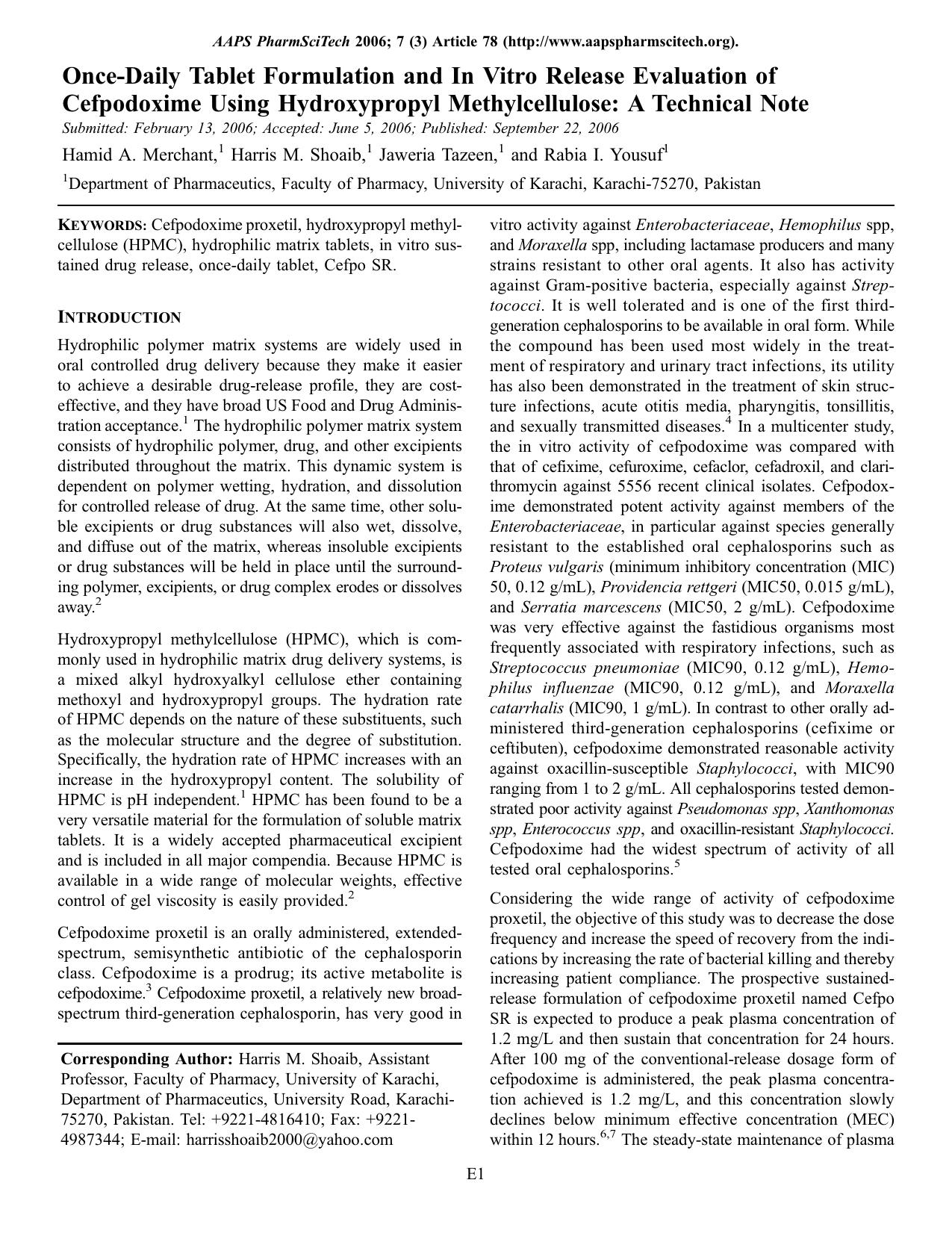 Once-daily tablet formulation and in vitro release evaluation of cefpodoxime using hydroxypropyl methylcellulose: A technical note by Unknown