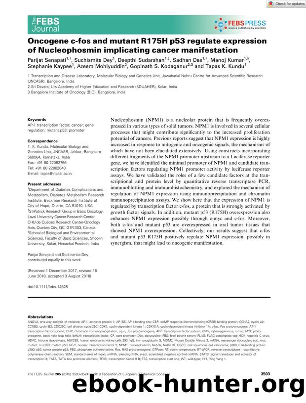 Oncogene câfos and mutant R175H p53 regulate expression of Nucleophosmin implicating cancer manifestation by Unknown