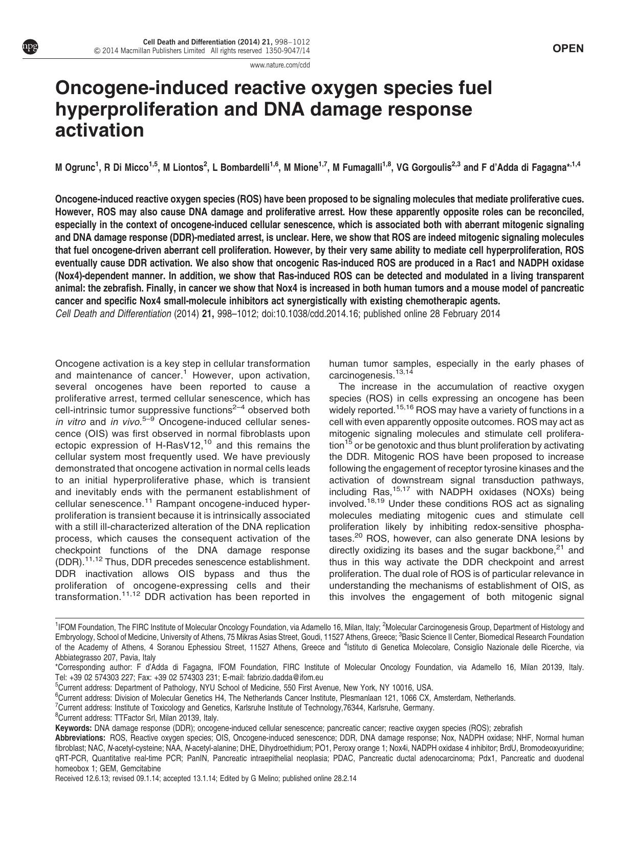 Oncogene-induced reactive oxygen species fuel hyperproliferation and DNA damage response activation by unknow