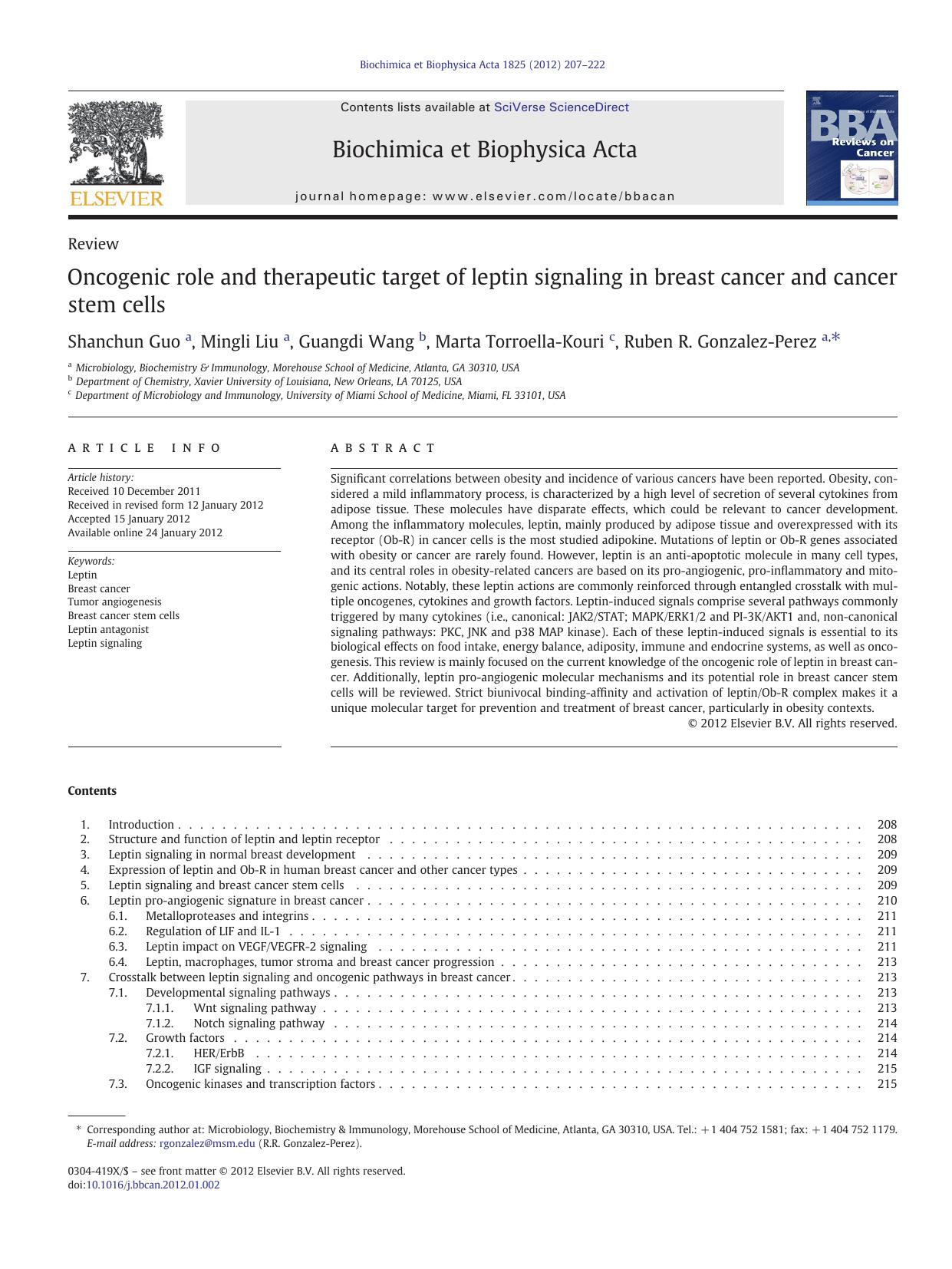Oncogenic role and therapeutic target of leptin signaling in breast cancer and cancer stem cells by Shanchun Guo & Mingli Liu & Guangdi Wang & Marta Torroella-Kouri & Ruben R. Gonzalez-Perez