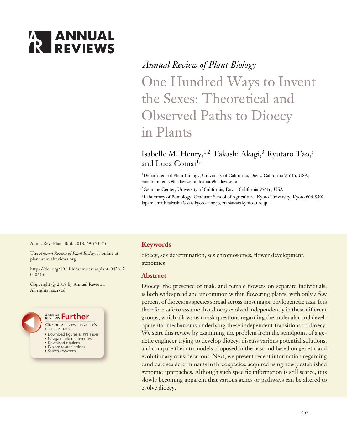 One Hundred Ways to Invent the Sexes: Theoretical and Observed Paths to Dioecy in Plants by Isabelle M. Henry Takashi Akagi Ryutaro Tao Luca Comai