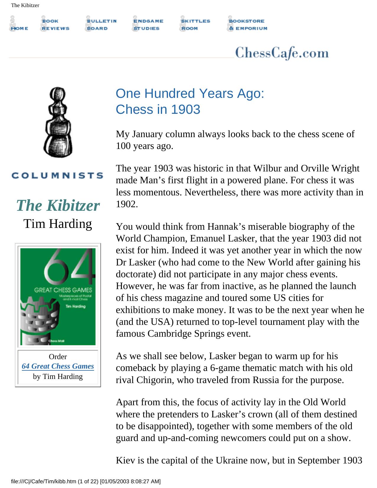 One Hundred Years Ago - Chess in 1903 by Harding
