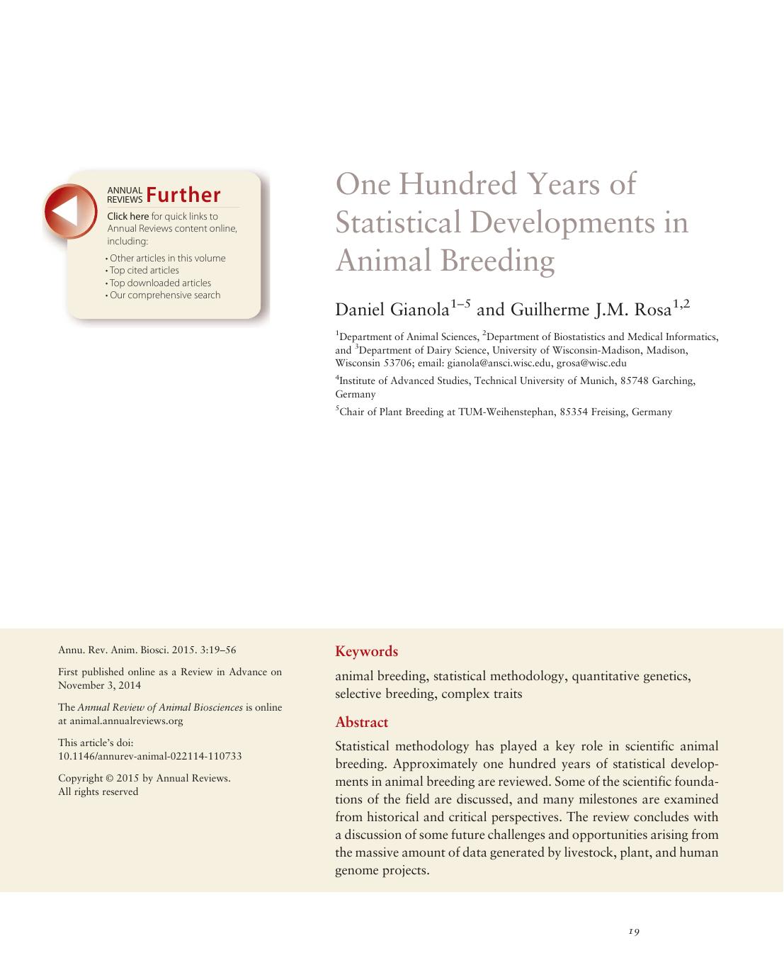 One Hundred Years of Statistical Developments in Animal Breeding by Daniel Gianola and Guilherme J.M. Rosa