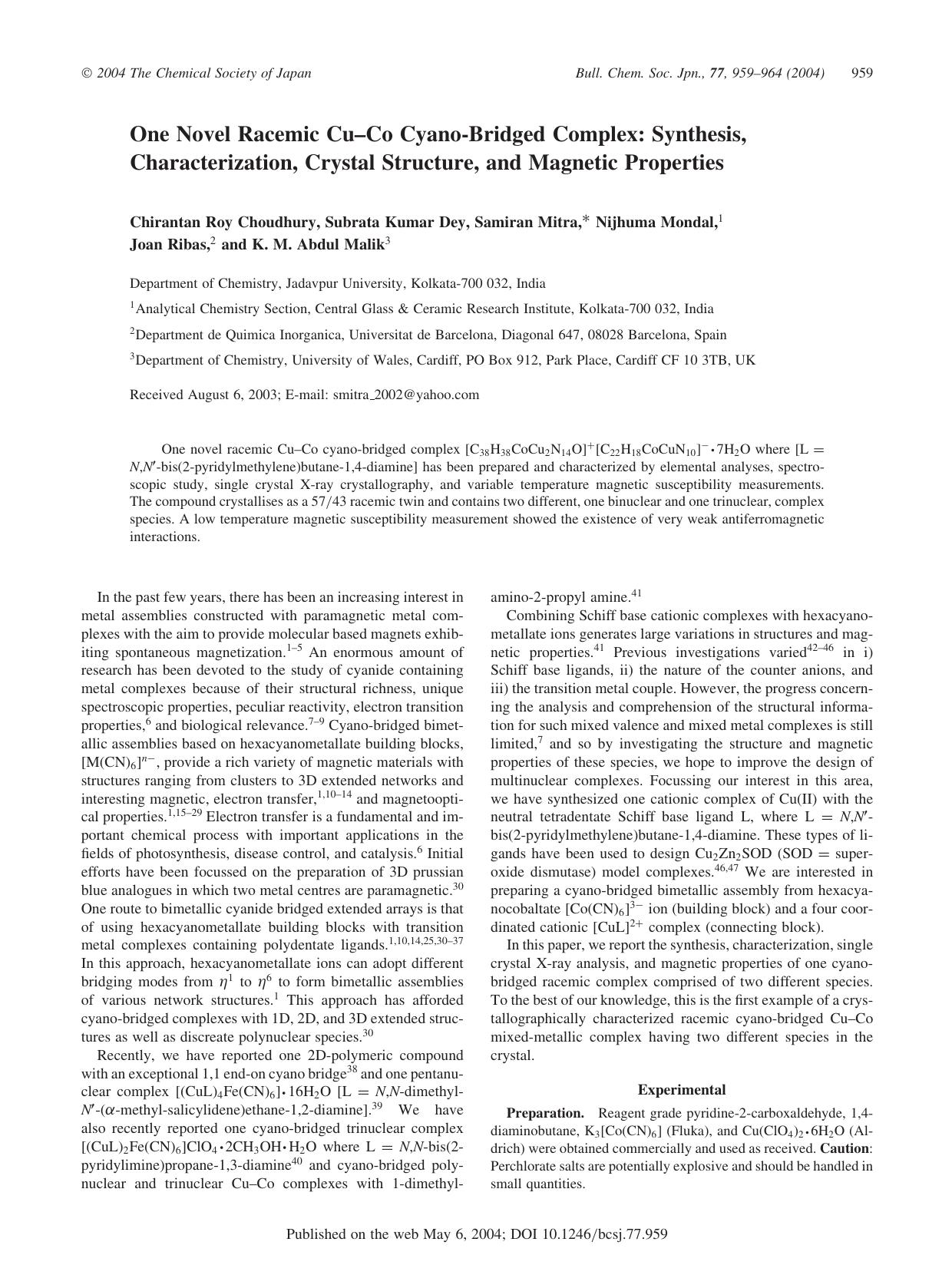 One Novel Racemic Cu--Co Cyano-Bridged Complex: Synthesis, Characterization, Crystal Structure, and Magnetic Properties by unknow