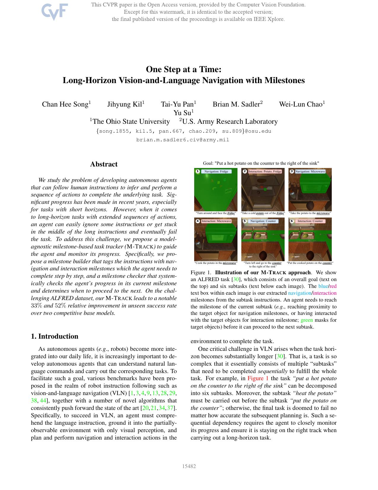 One Step at a Time: Long-Horizon Vision-and-Language Navigation With Milestones by Chan Hee Song & Jihyung Kil & Tai-Yu Pan & Brian M. Sadler & Wei-Lun Chao & Yu Su