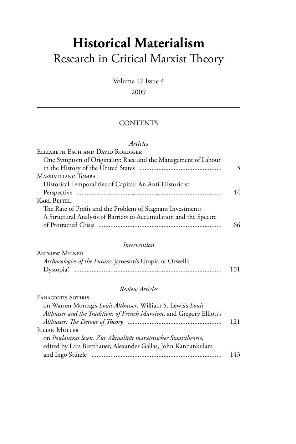One Symptom of Originality: Race and the Management of Labour in the History of the United States by Elizabeth Esch ; David Roediger