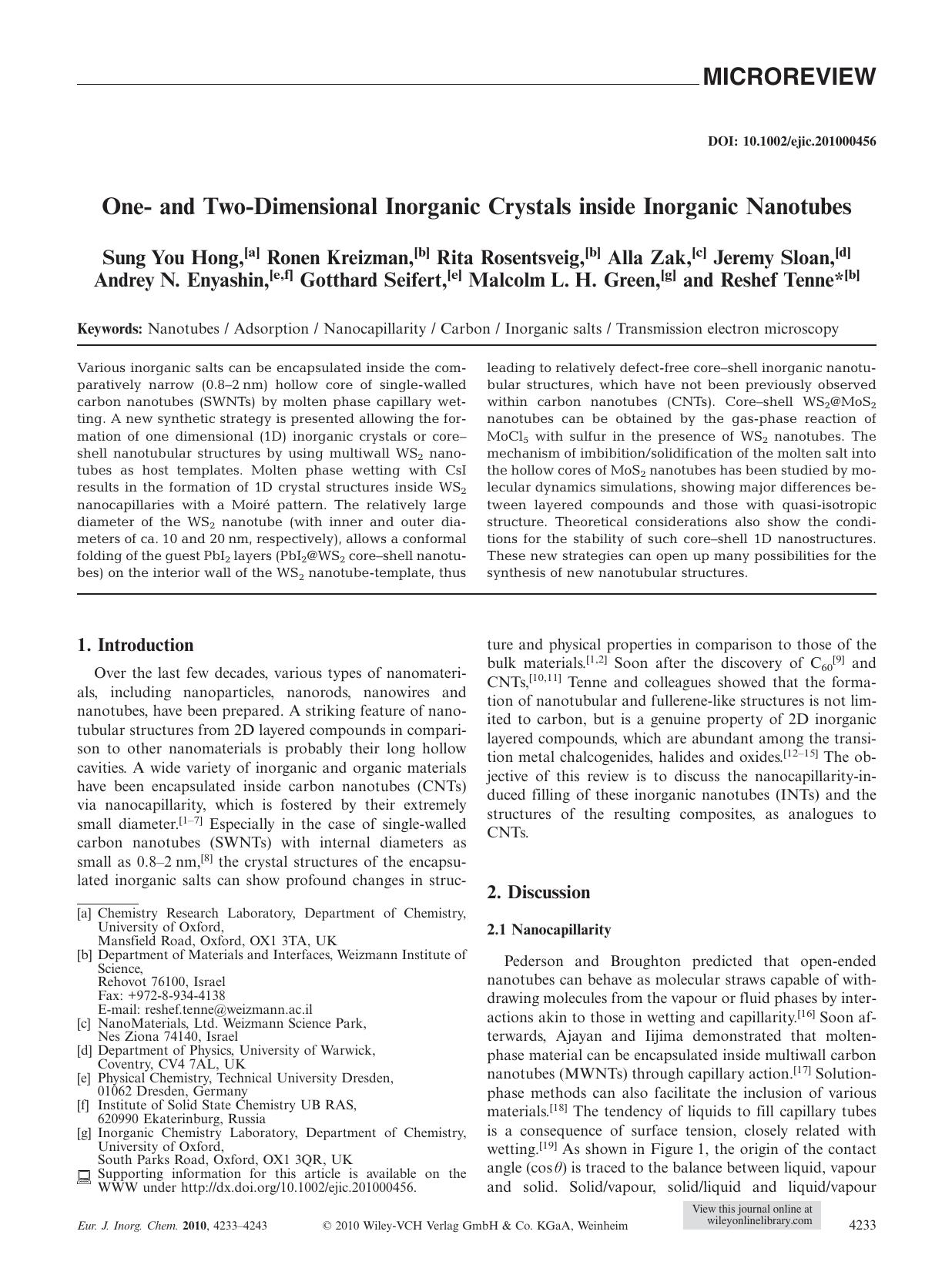 One and TwoDimensional Inorganic Crystals inside Inorganic Nanotubes by Unknown
