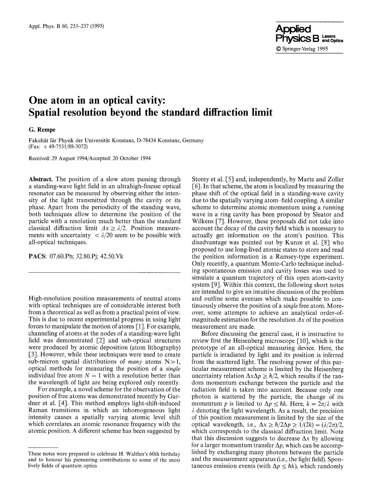 One atom in an optical cavity: Spatial resolution beyond the standard diffraction limit by Unknown
