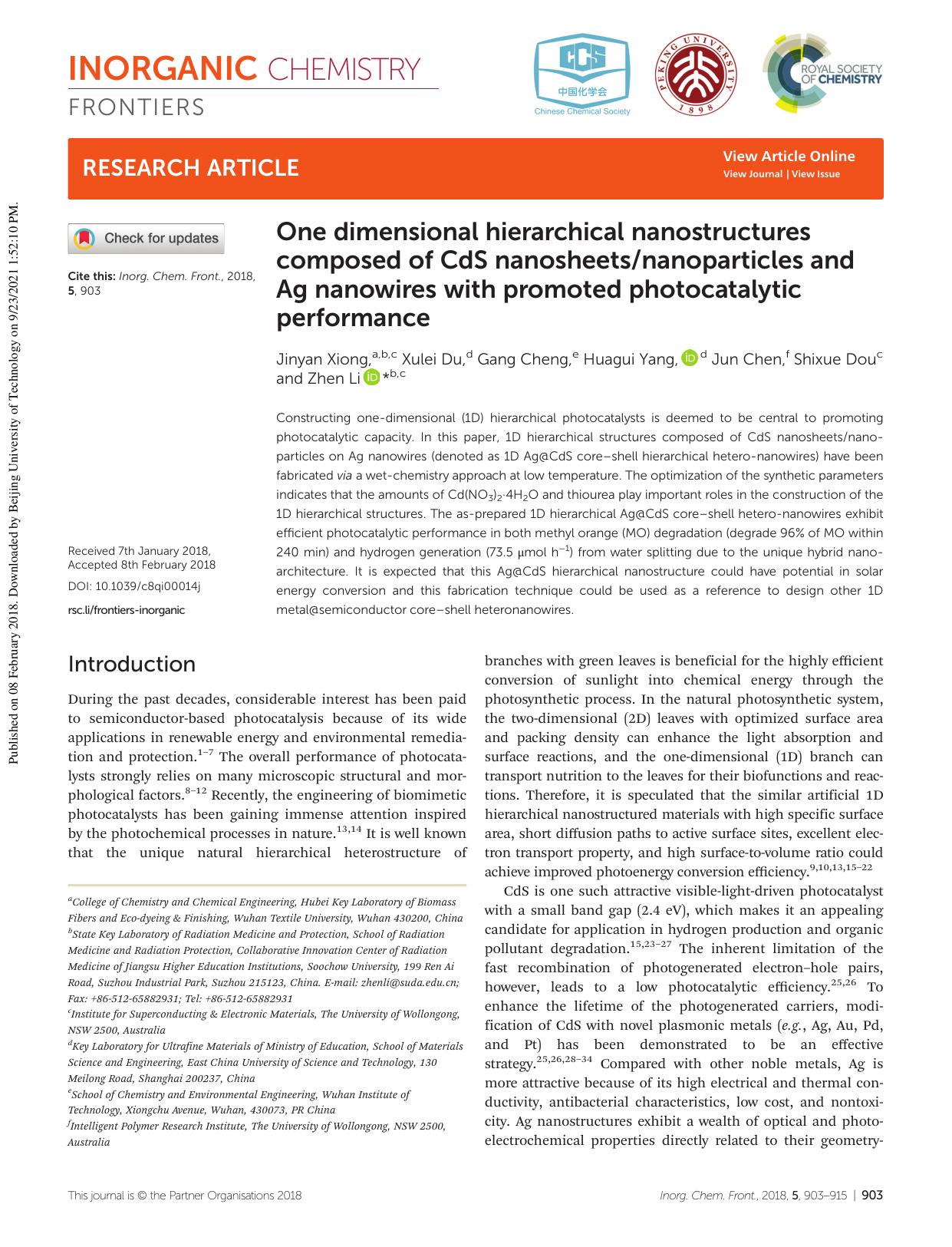 One dimensional hierarchical nanostructures composed of CdS nanosheetsnanoparticles and Ag nanowires with promoted photocatalytic performance by Jinyan Xiong Xulei Du Gang Cheng Huagui Yang Jun Chen Shixue Dou Zhen Li