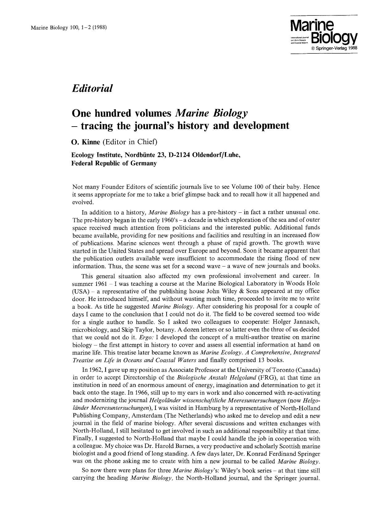 One hundred volumes <Emphasis Type="Italic">Marine Biology<Emphasis> &#x2014; tracing the journal's history and development by Unknown