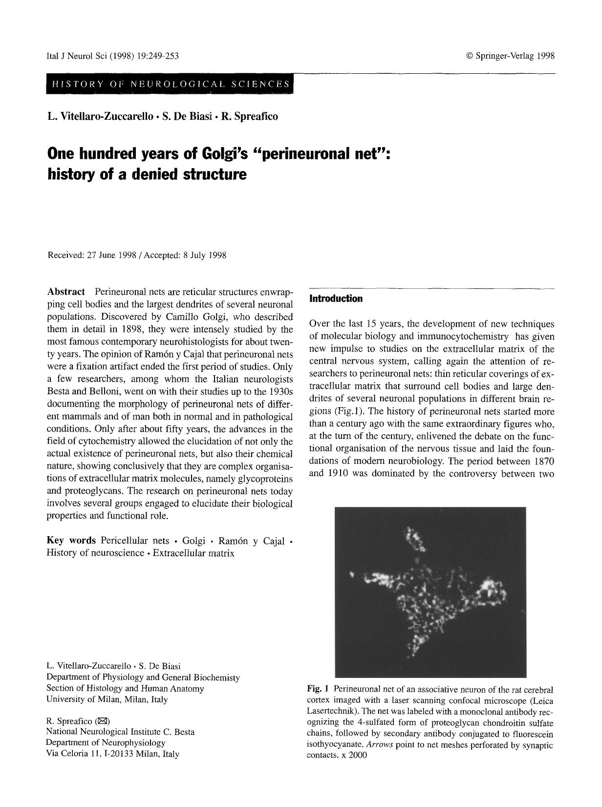 One hundred years of Golgi’s “perineuronal net”: history of a denied structure by Unknown