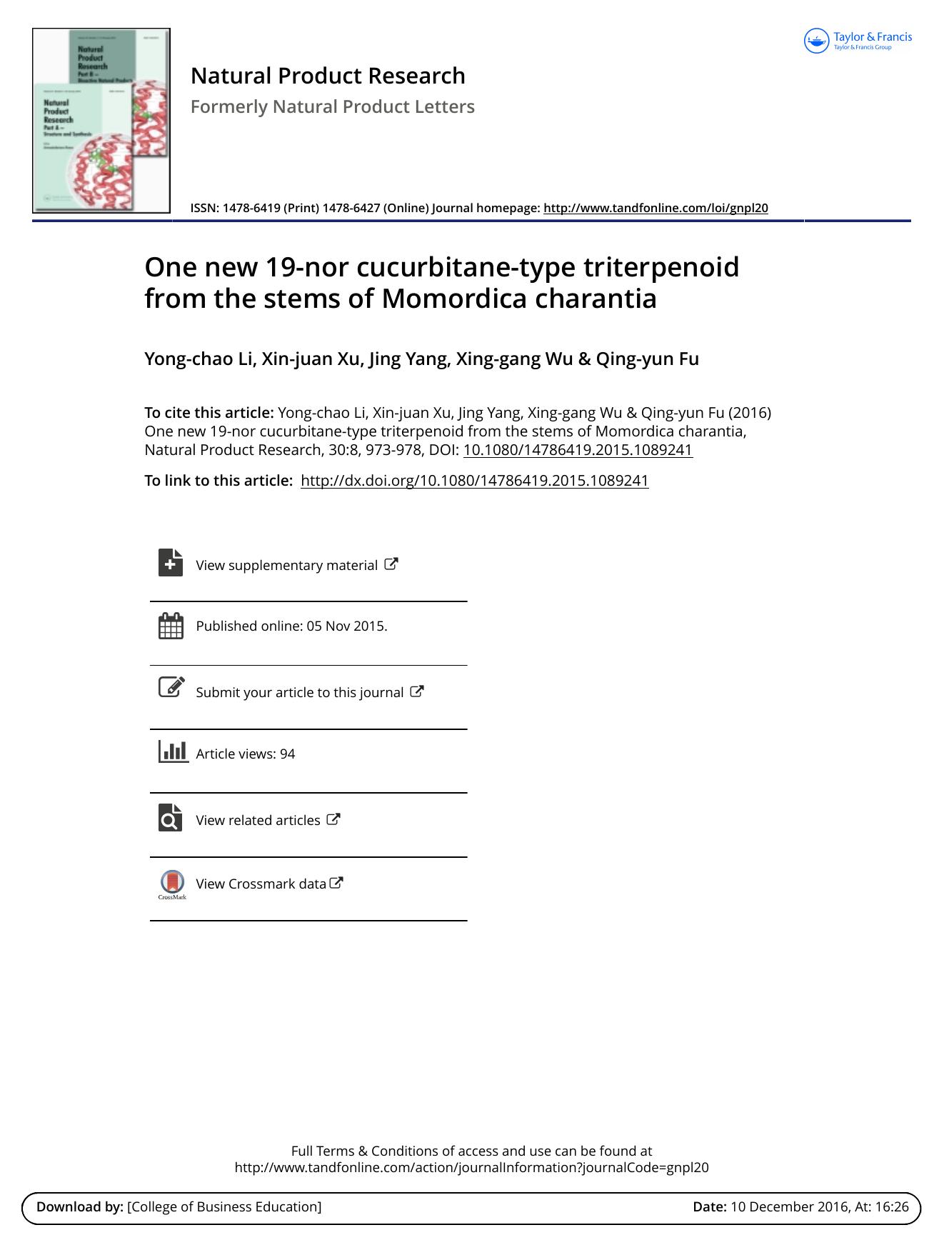 One new 19-nor cucurbitane-type triterpenoid from the stems of Momordica charantia by Yong-chao Li & Xin-juan Xu & Jing Yang & Xing-gang Wu & Qing-yun Fu
