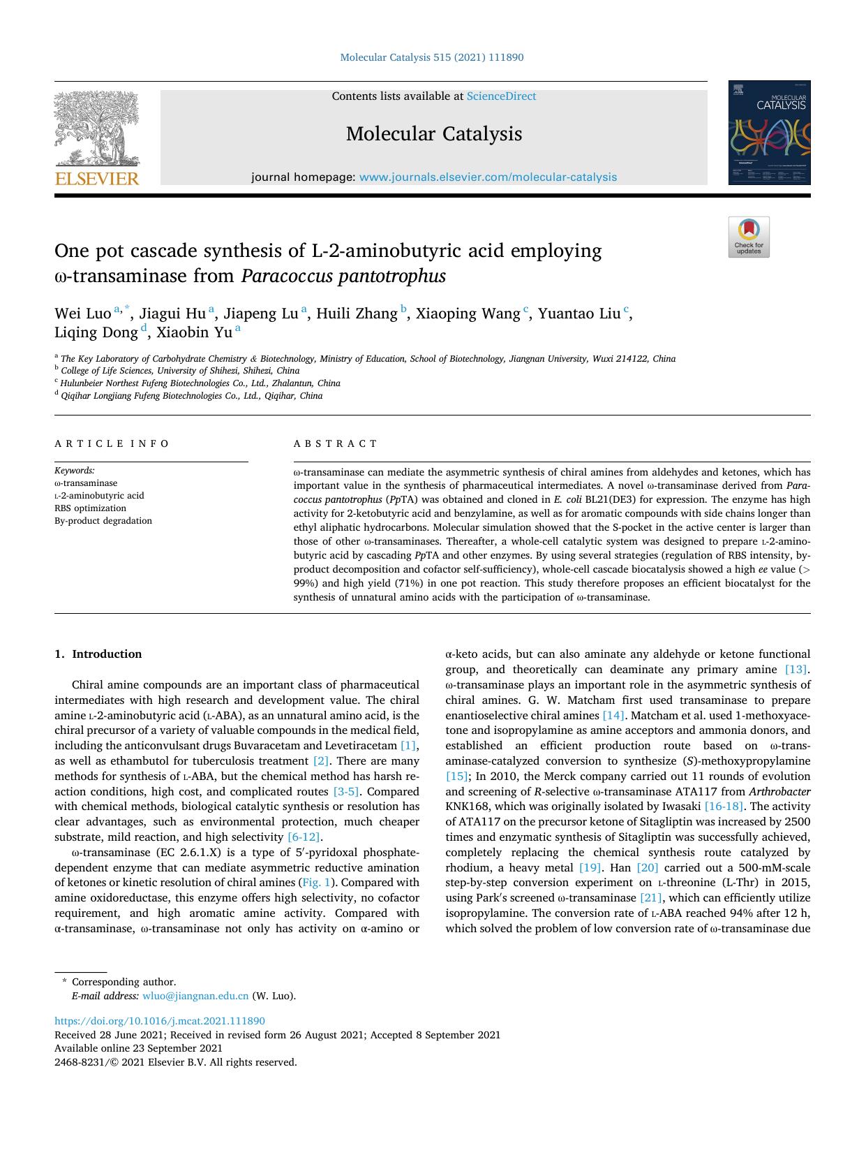 One pot cascade synthesis of L-2-aminobutyric acid employing Ï-transaminase from Paracoccus pantotrophus by unknow