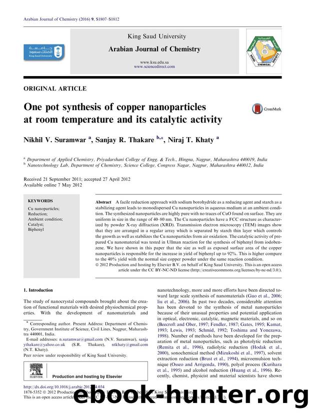 One pot synthesis of copper nanoparticles at room temperature and its catalytic activity by Nikhil V. Suramwar & Sanjay R. Thakare & Niraj T. Khaty