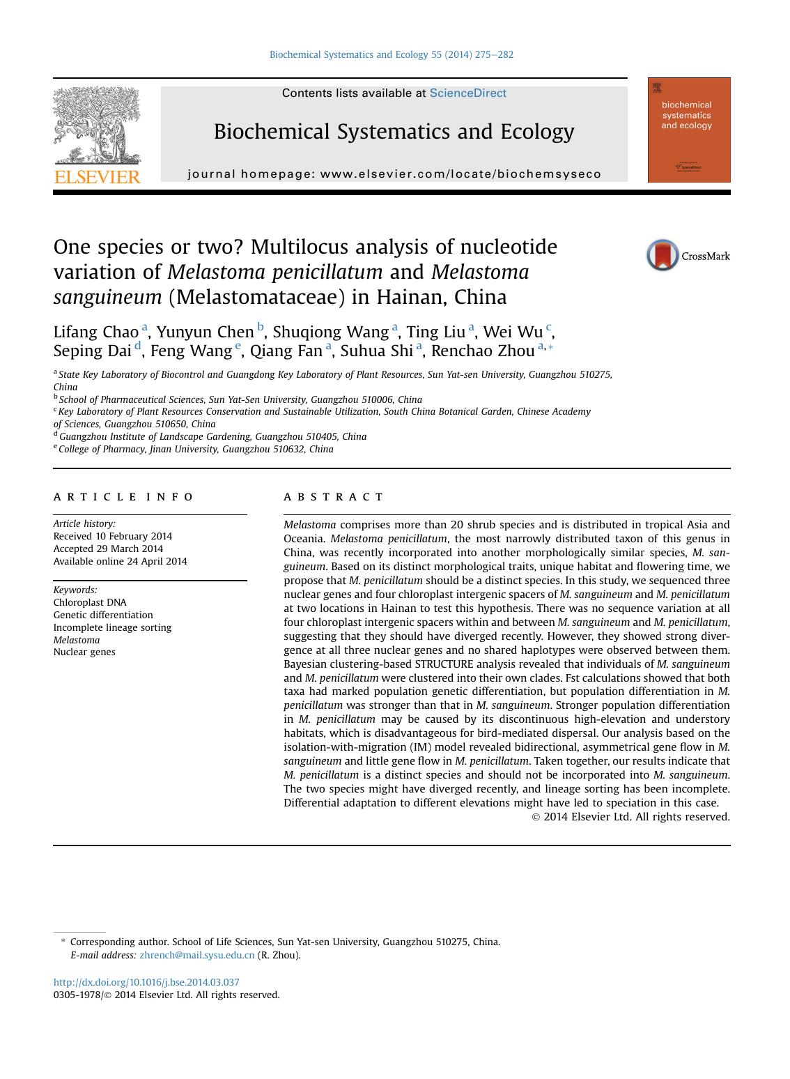 One species or two? Multilocus analysis of nucleotide variation of Melastoma penicillatum and Melastoma sanguineum (Melastomataceae) in Hainan, China by unknow