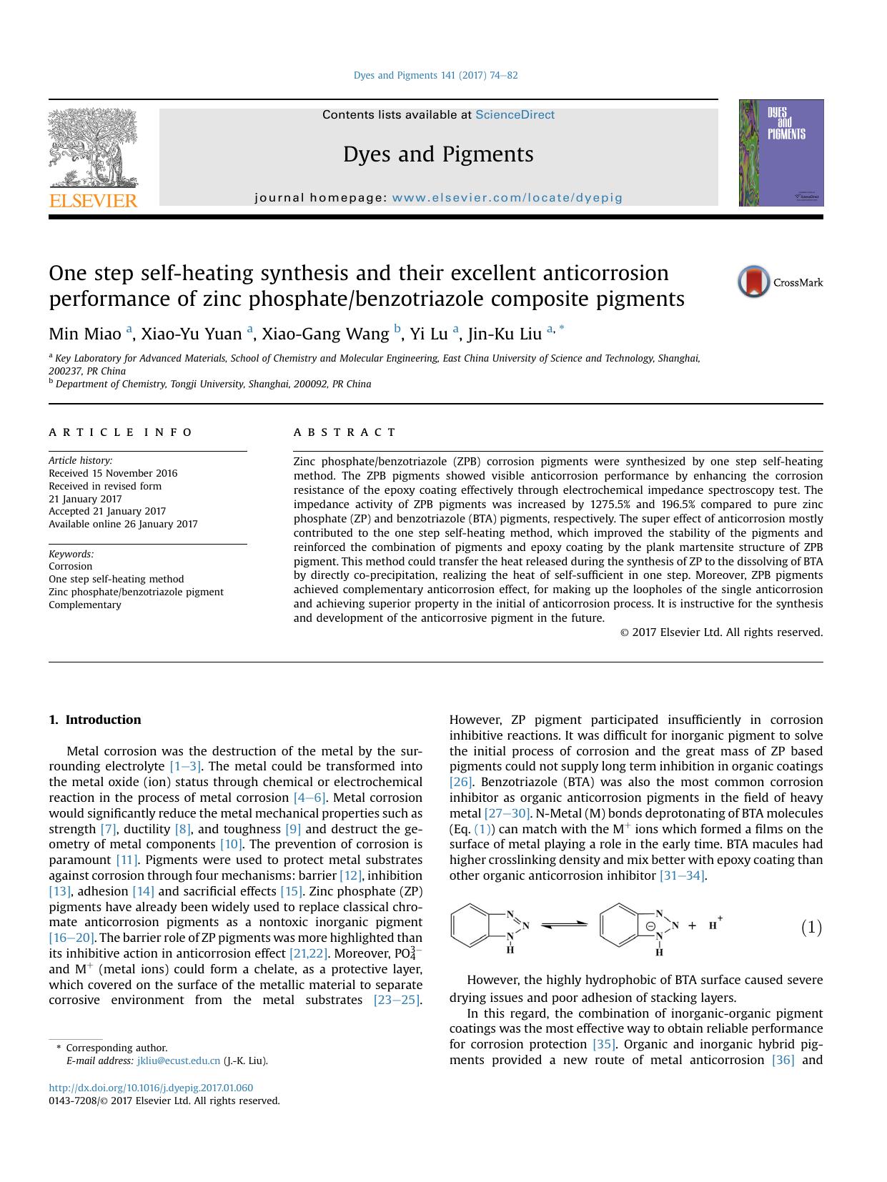 One step self-heating synthesis and their excellent anticorrosion performance of zinc phosphatebenzotriazole composite pigments by Min Miao & Xiao-Yu Yuan & Xiao-Gang Wang & Yi Lu & Jin-Ku Liu