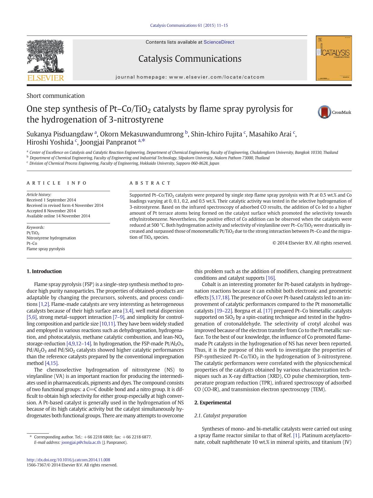 One step synthesis of PtâCoTiO2 catalysts by flame spray pyrolysis for the hydrogenation of 3-nitrostyrene by unknow