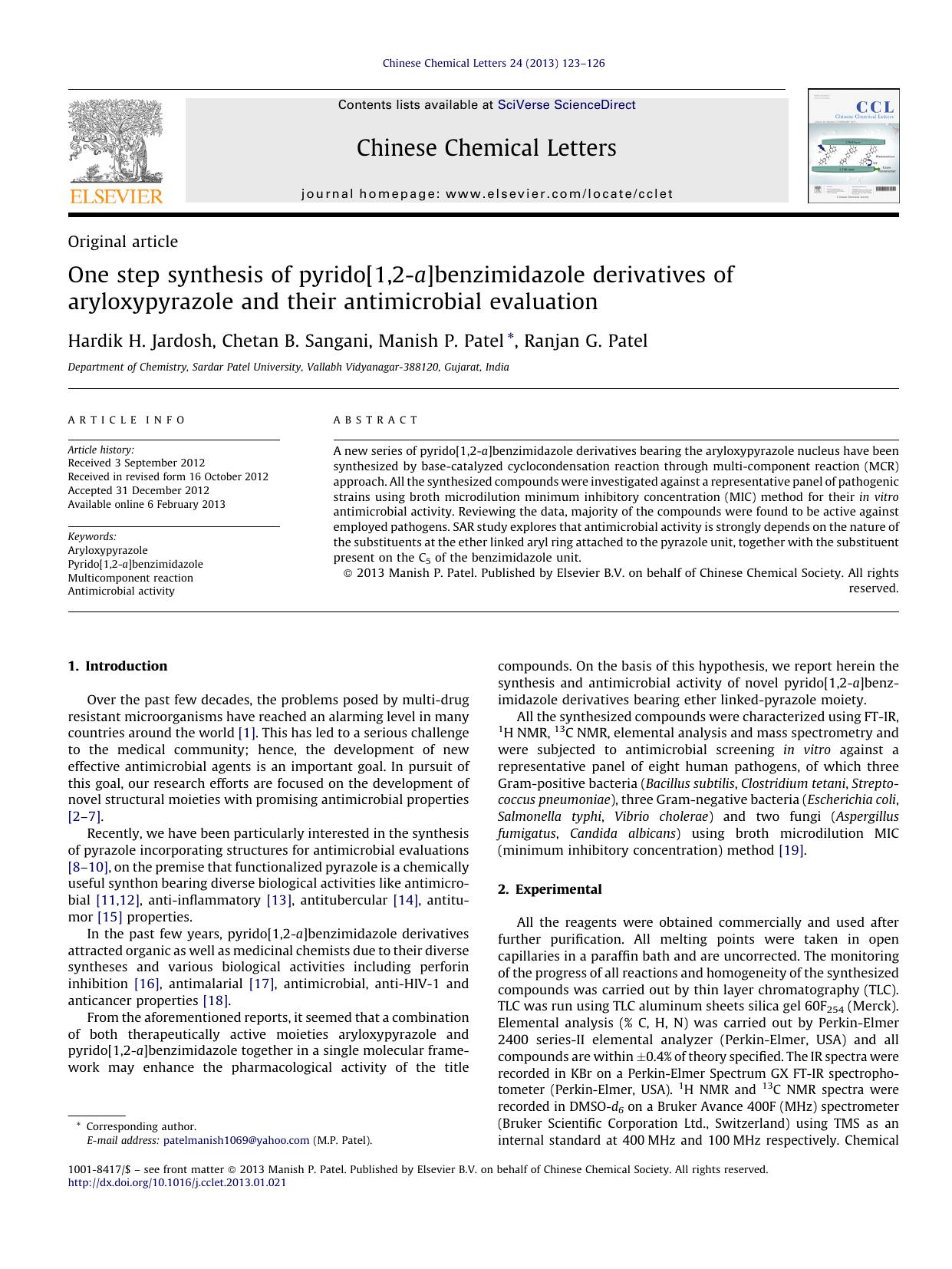 One step synthesis of pyrido[1,2-a]benzimidazole derivatives of aryloxypyrazole and their antimicrobial evaluation by Hardik H. Jardosh